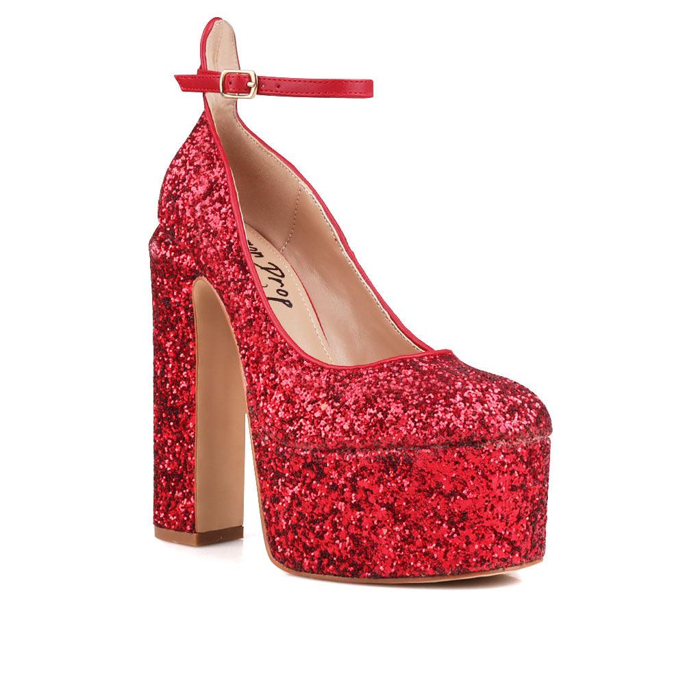 red colored women platforms with ankle buckle closure-corner view