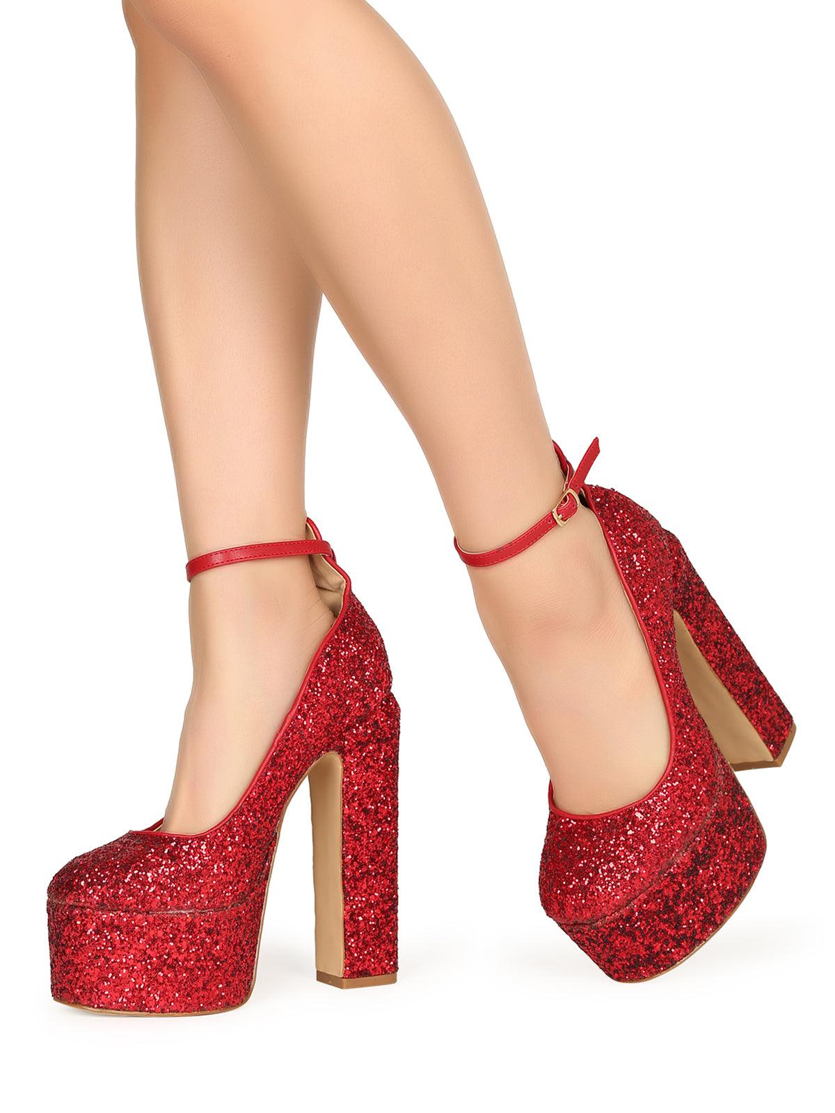 red colored women platforms with ankle buckle closure-posterior view