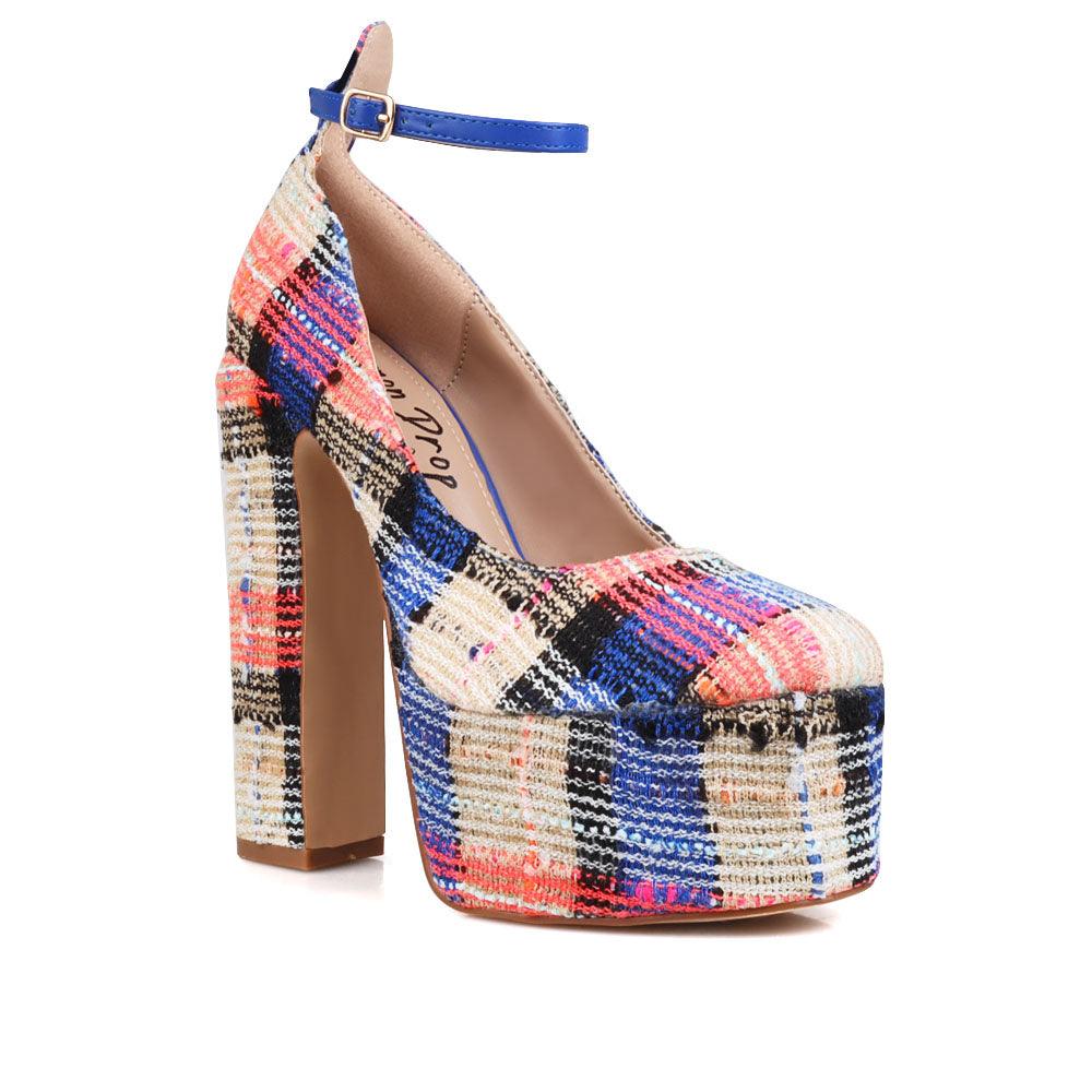 Cobalt colored women platforms with ankle buckle closure-corner view