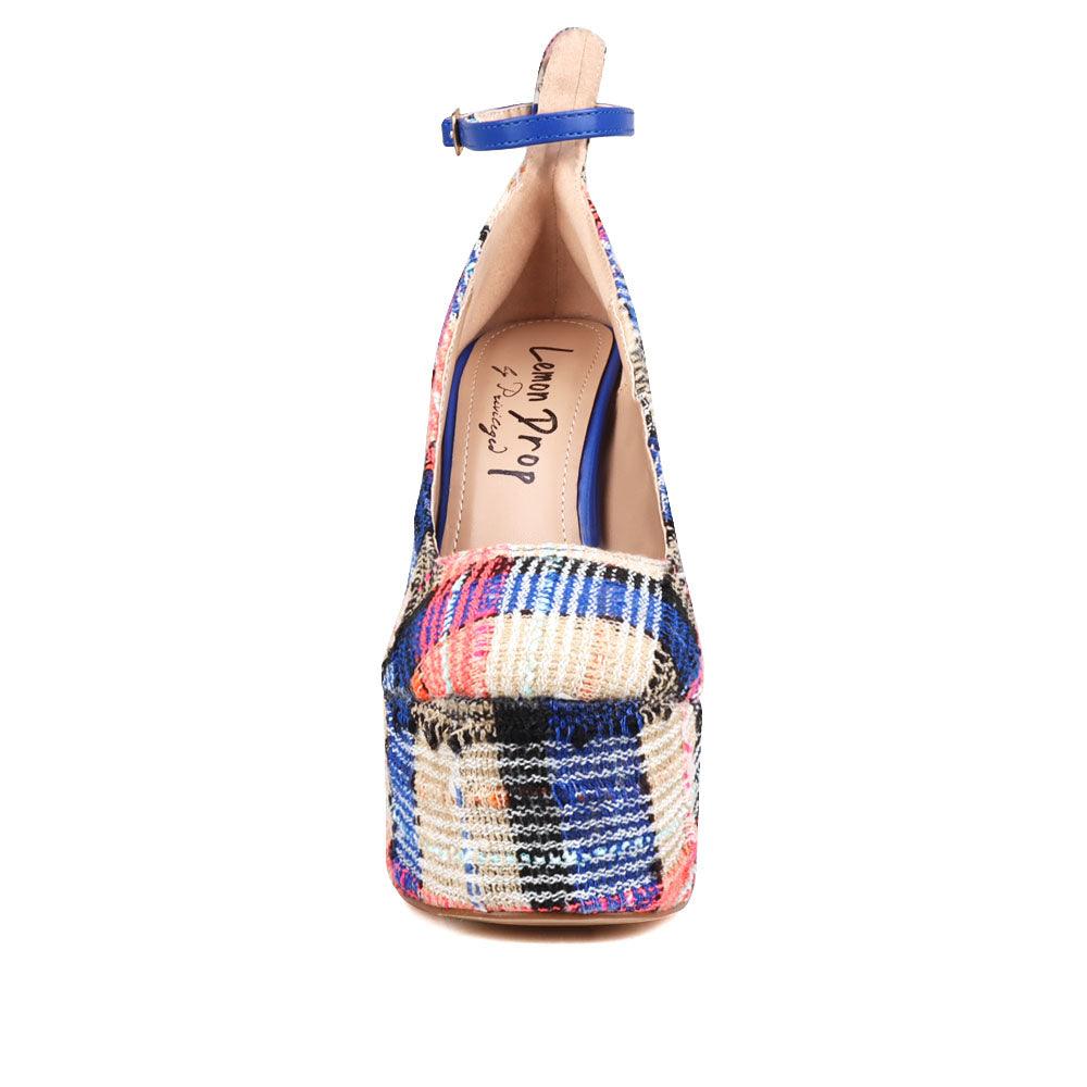 Cobalt colored women platforms with ankle buckle closure-front view