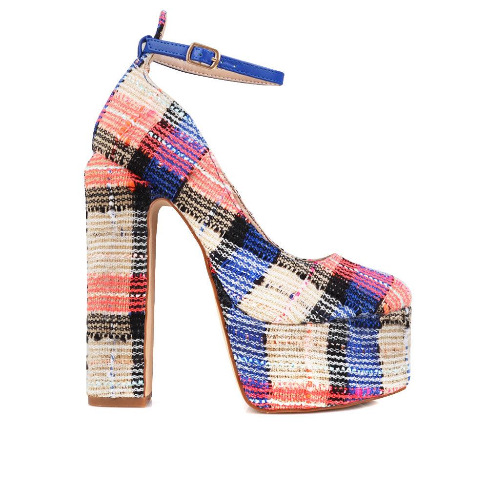 Cobalt colored women platforms with ankle buckle closure-side view