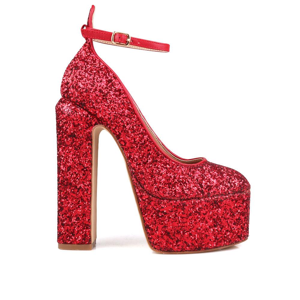 red colored women platforms with ankle buckle closure-side view