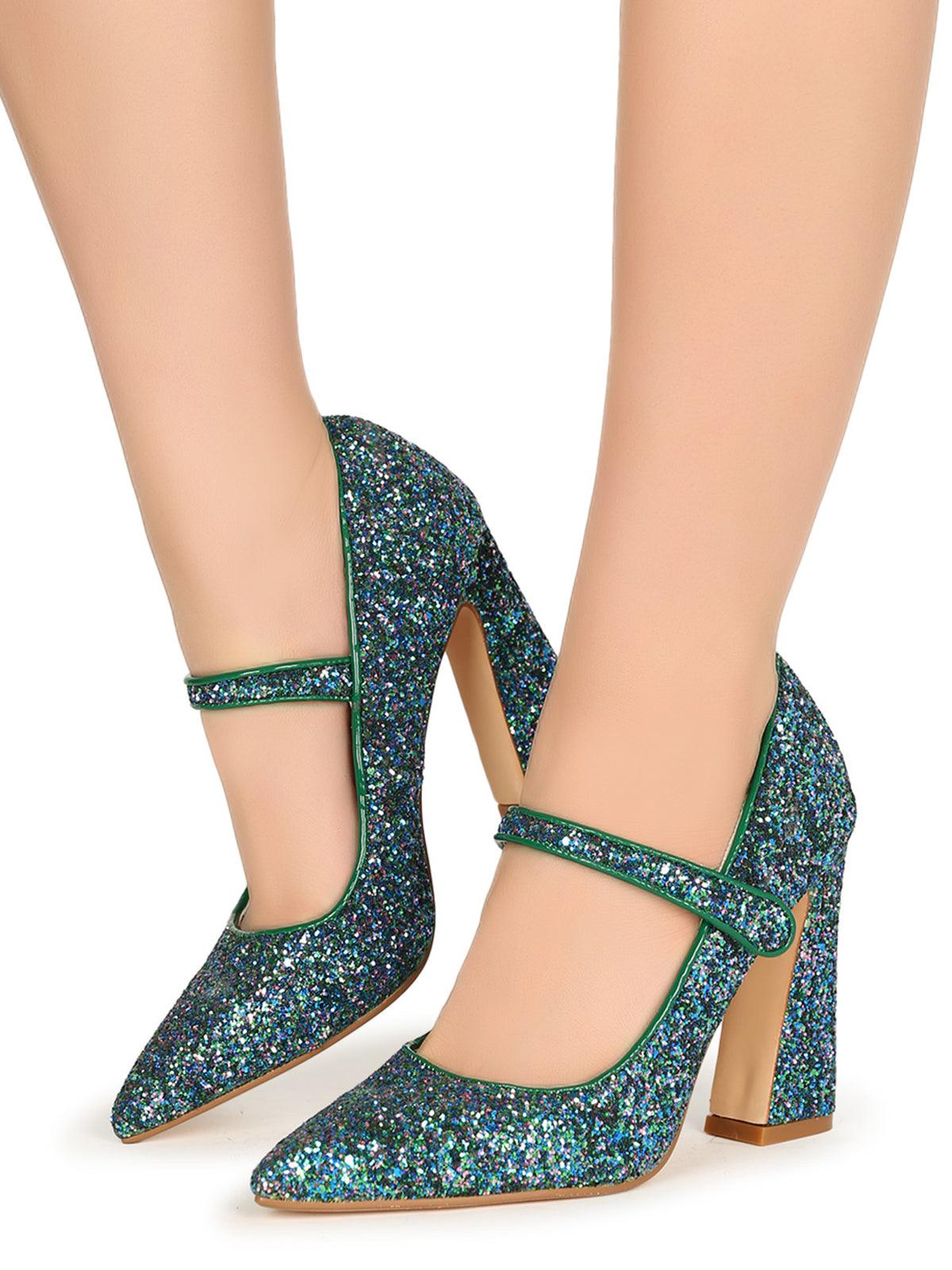 Glittery women block heels in peacock