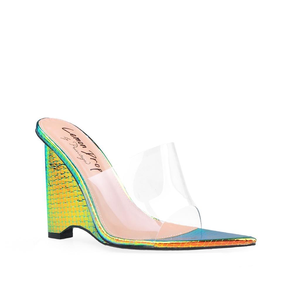 Bronze snakeskin clear vinyl upper women's heel-corner view