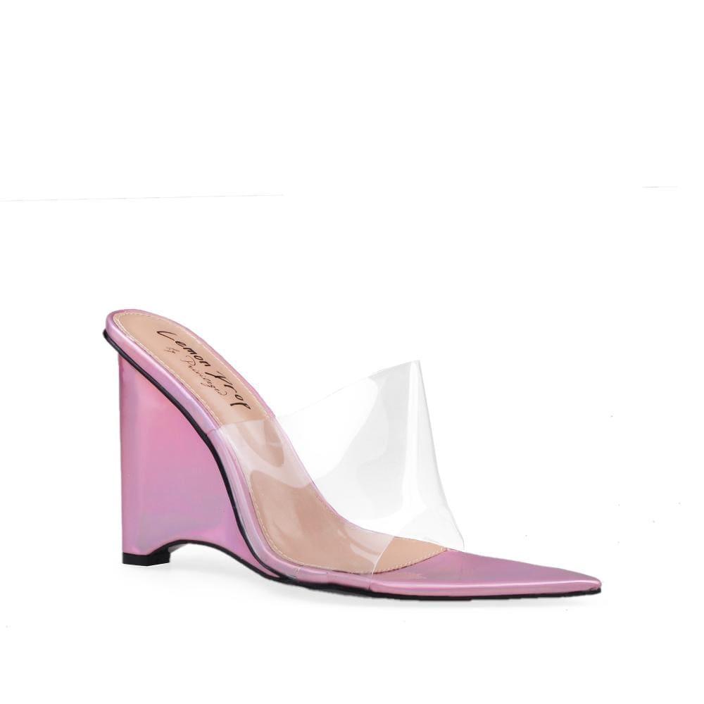 Pink coloured clear vinyl upper women's heel-corner view