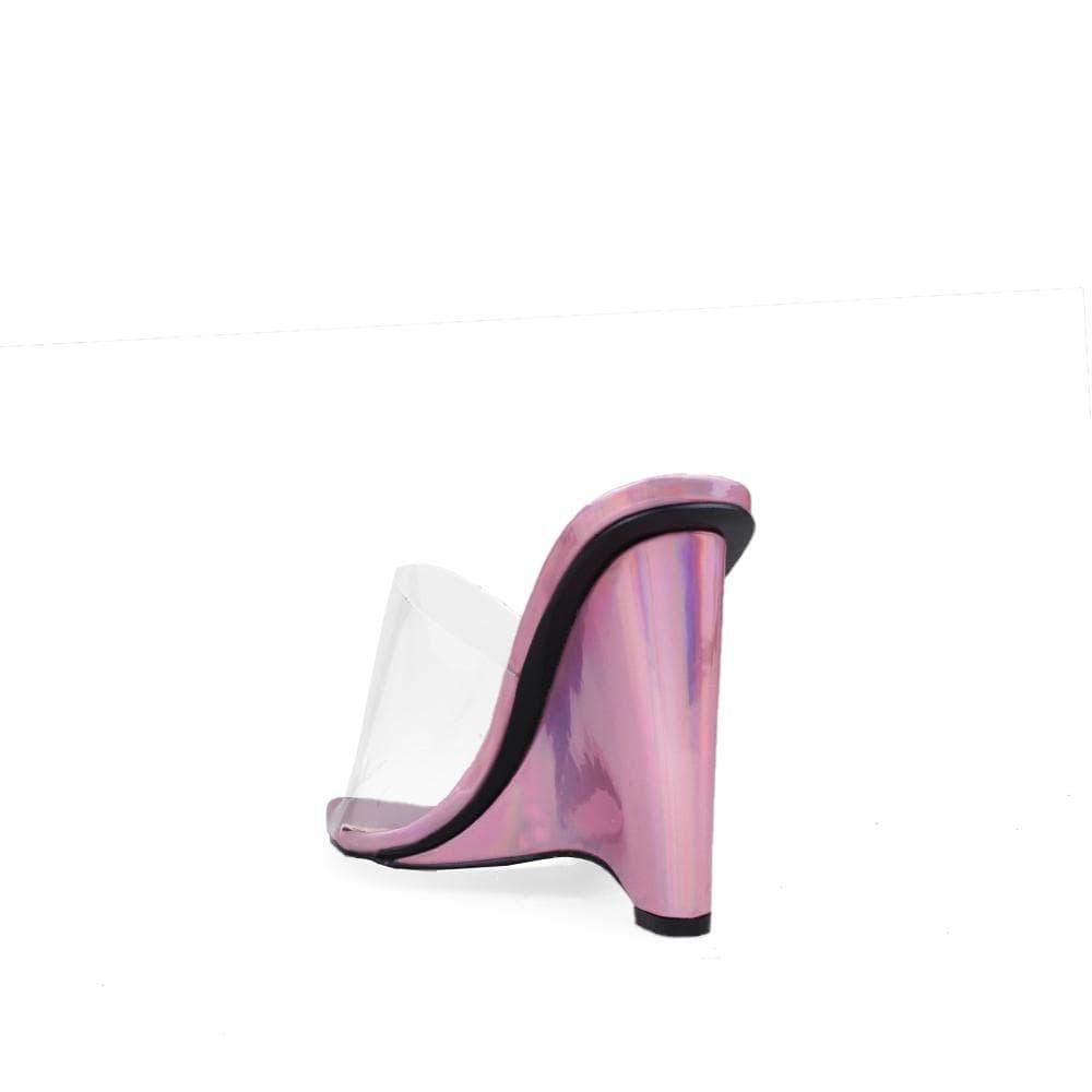Pink coloured clear vinyl upper women's heel-posterior view