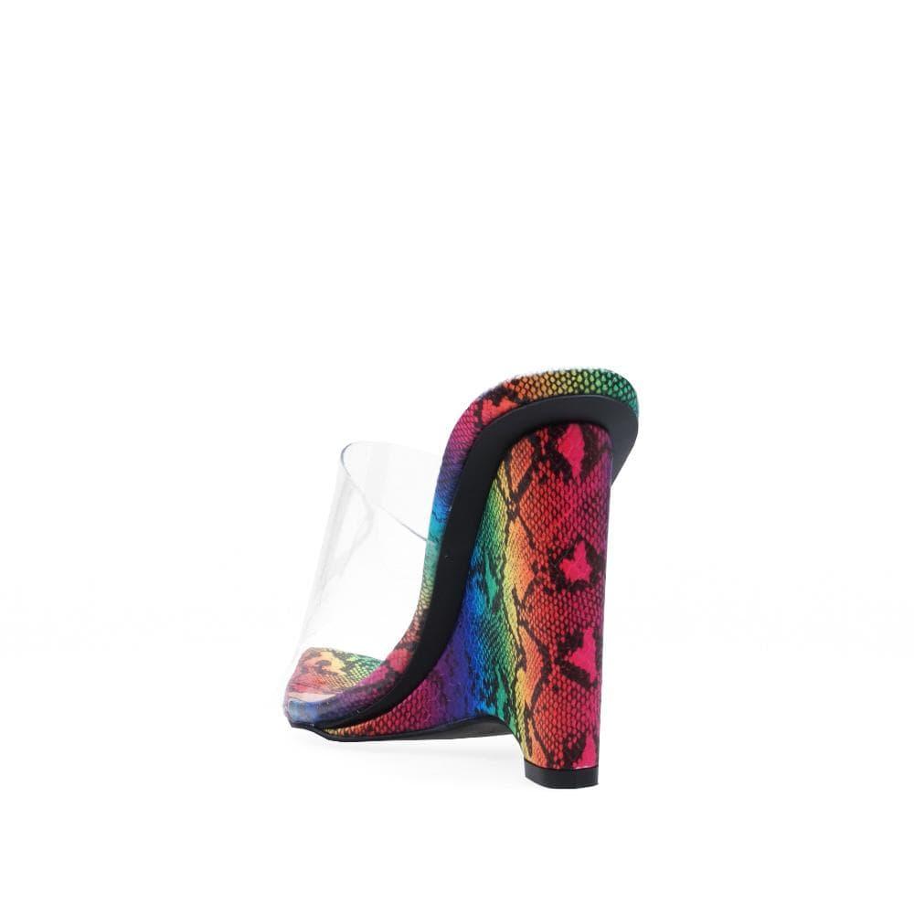 Faux rainbow snakeskin clear vinyl upper women's heel-posterior view