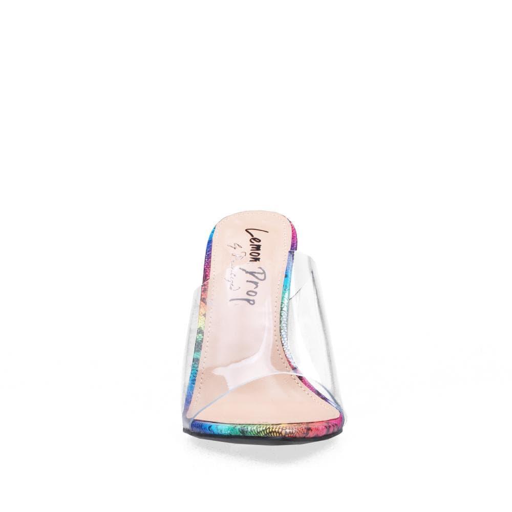 Faux rainbow snakeskin clear vinyl upper women's heel-front viewe