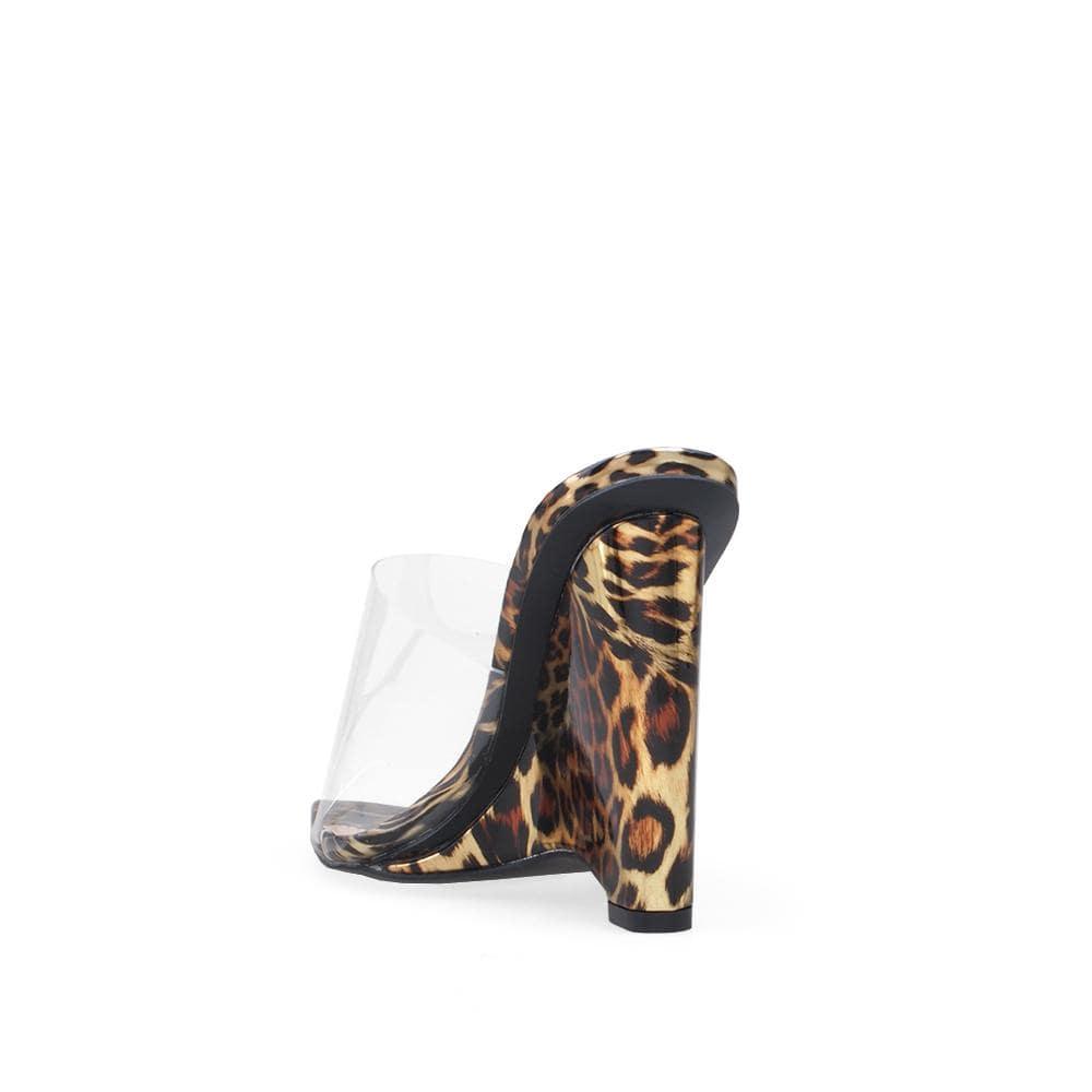 Golden leopard clear vinyl upper women's heel-posteriro view