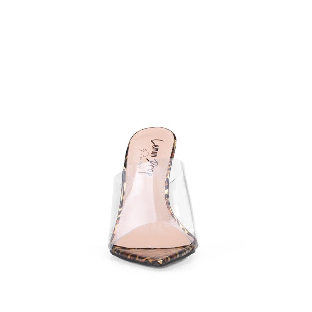 Golden leopard clear vinyl upper women's heel-front view
