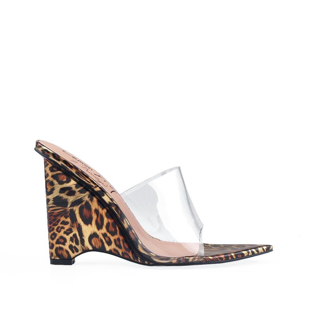 Golden leopard clear vinyl upper women's heel-side view