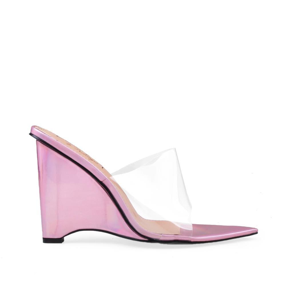 Pink coloured clear vinyl upper women's heel-side view