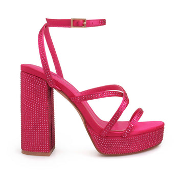 Fuchsia colored platform heels with crystal embellishment and ankle buckle closure - side view