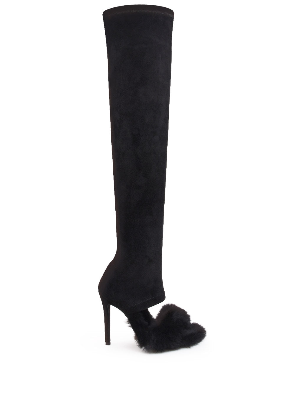 Faux fur thigh high stiletto boots in black color - side view