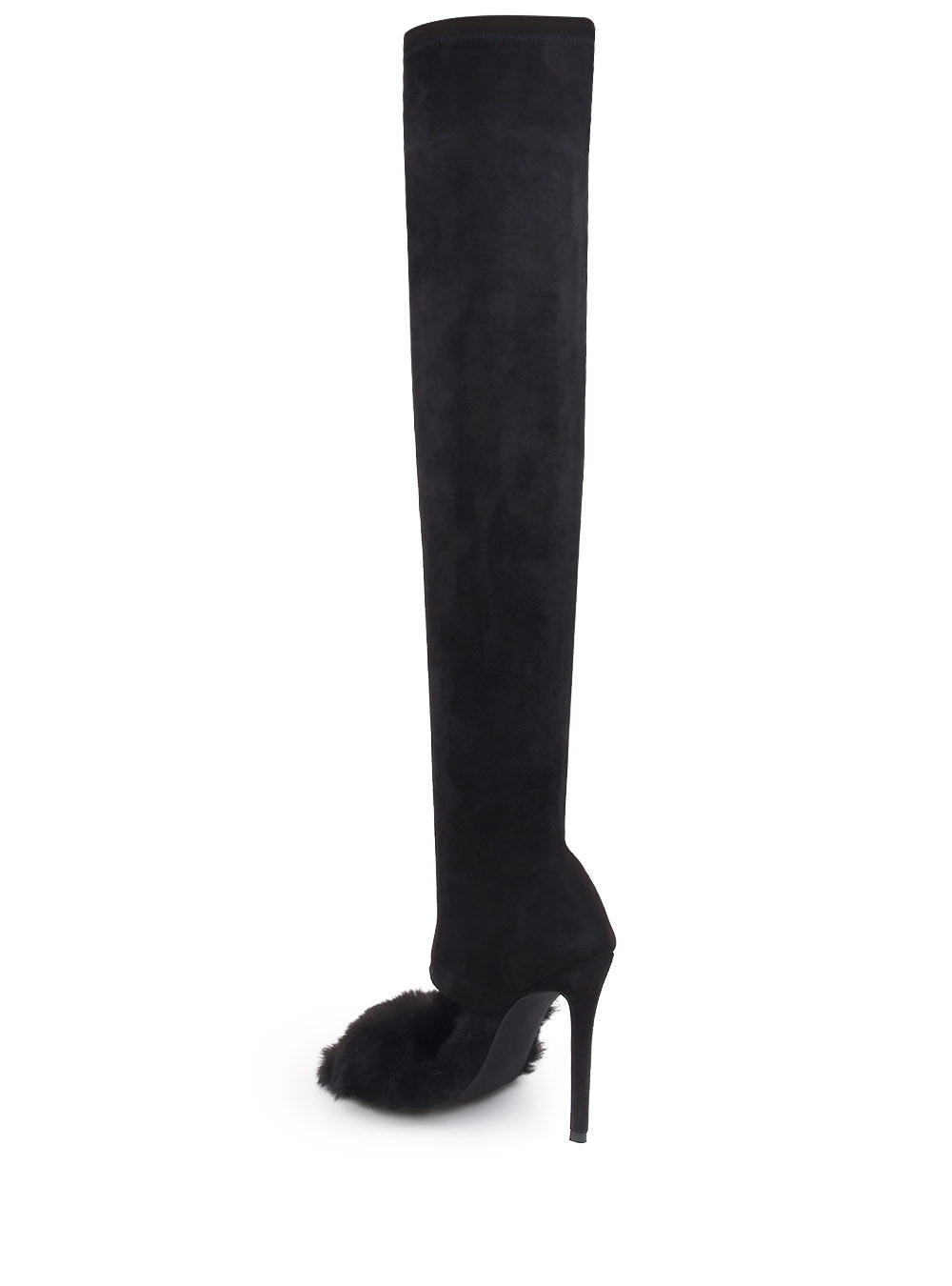 Faux fur thigh high stiletto boots in black color - back view