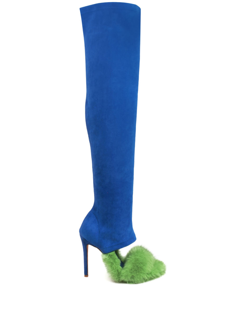 Lime faux fur upper with thigh high stiletto boots in cobalt-color - side view