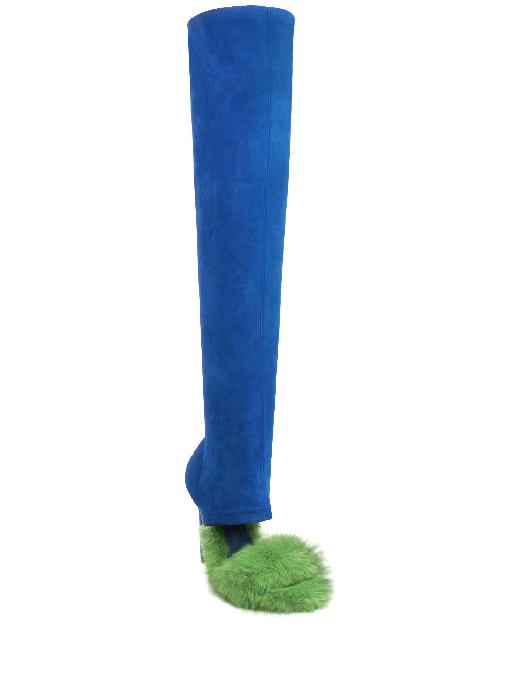 Lime faux fur upper with thigh high stiletto boots in cobalt-color - corner view