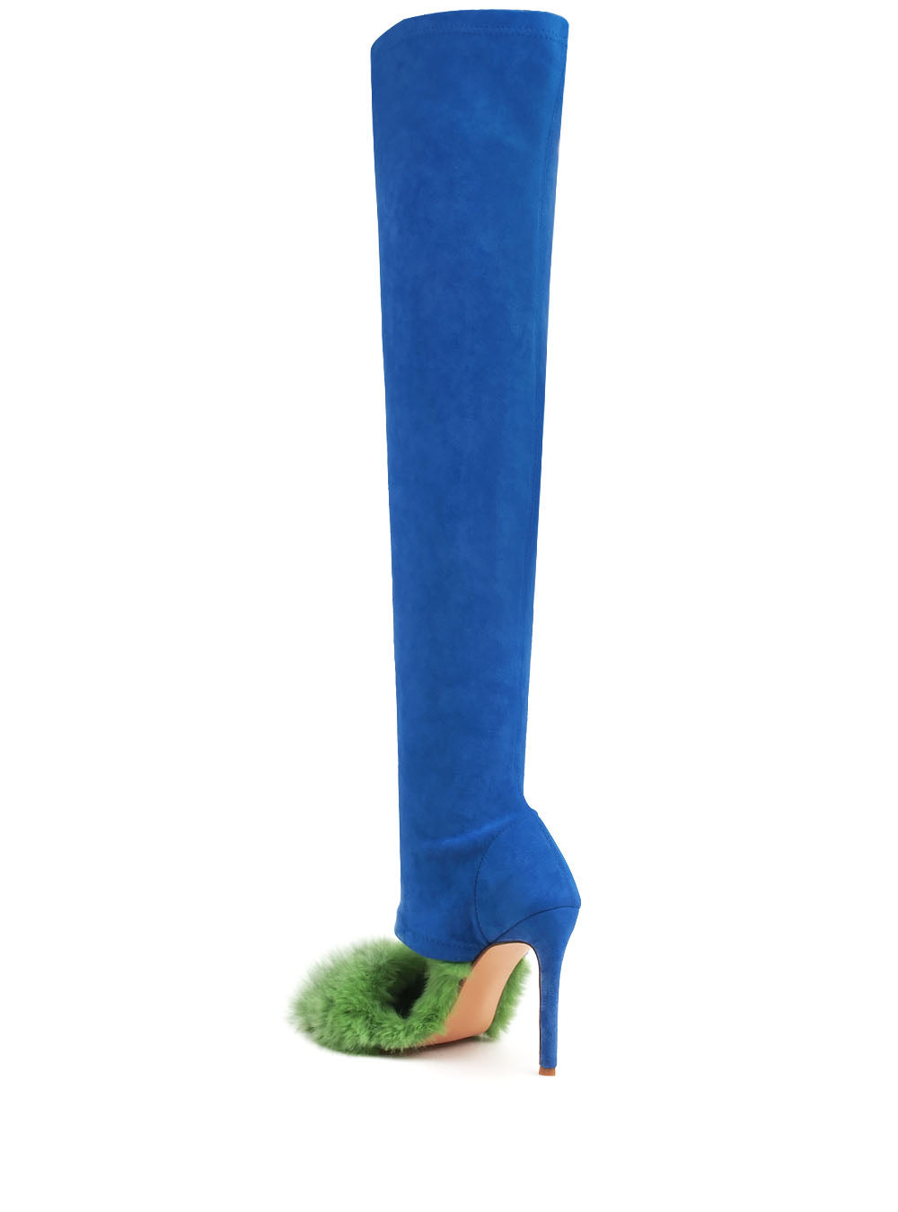 Lime faux fur upper with thigh high stiletto boots in cobalt-color - back view