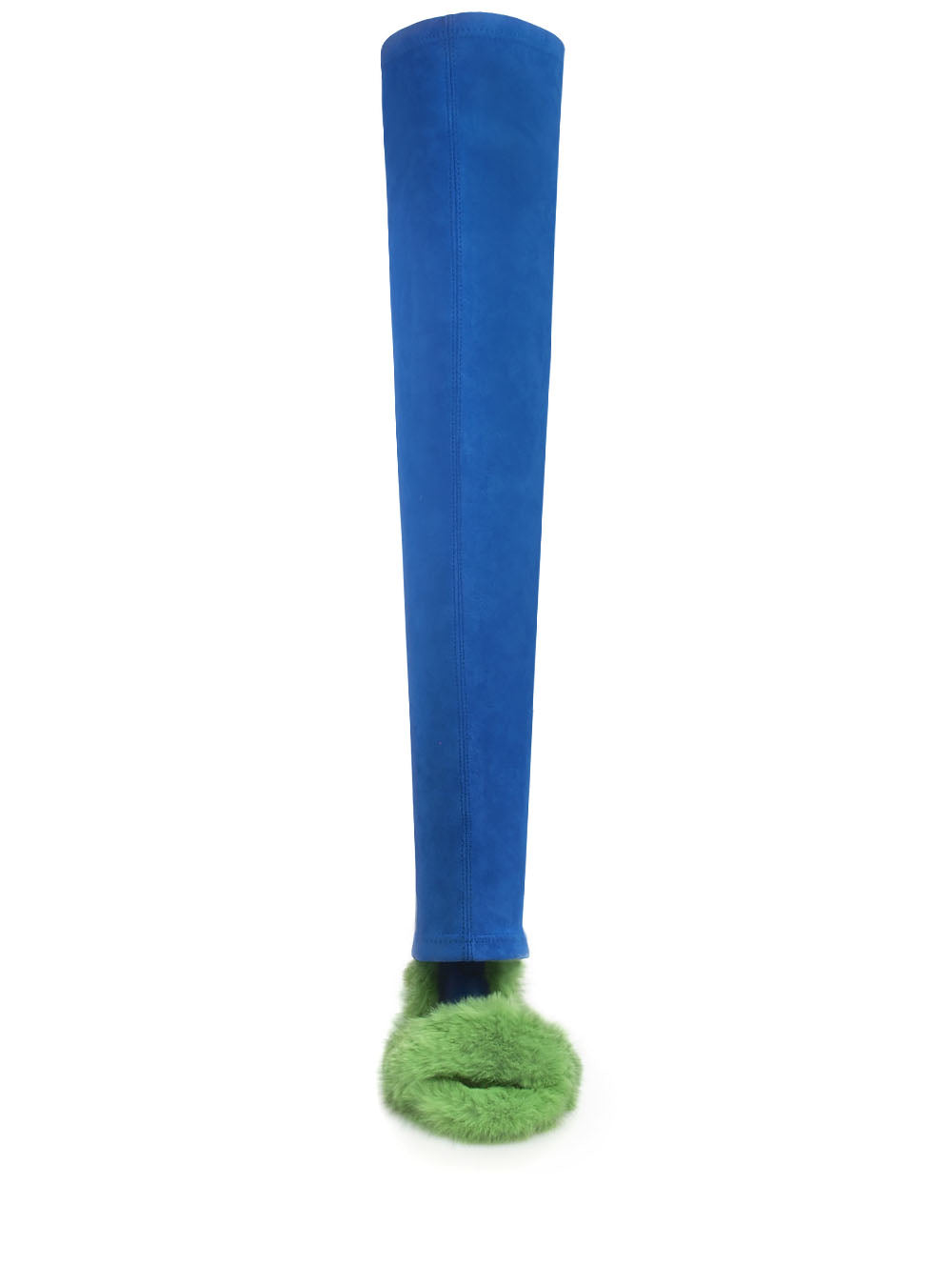 Lime faux fur upper with thigh high stiletto boots in cobalt-color - front view