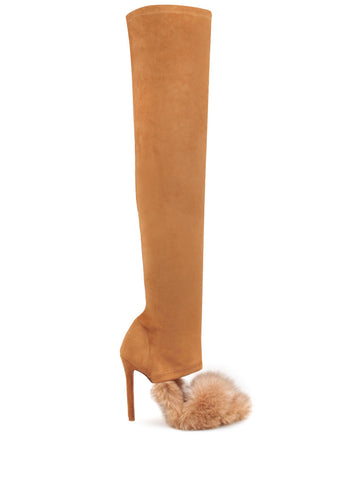Faux fur thigh high stiletto boots in cognac color - side view