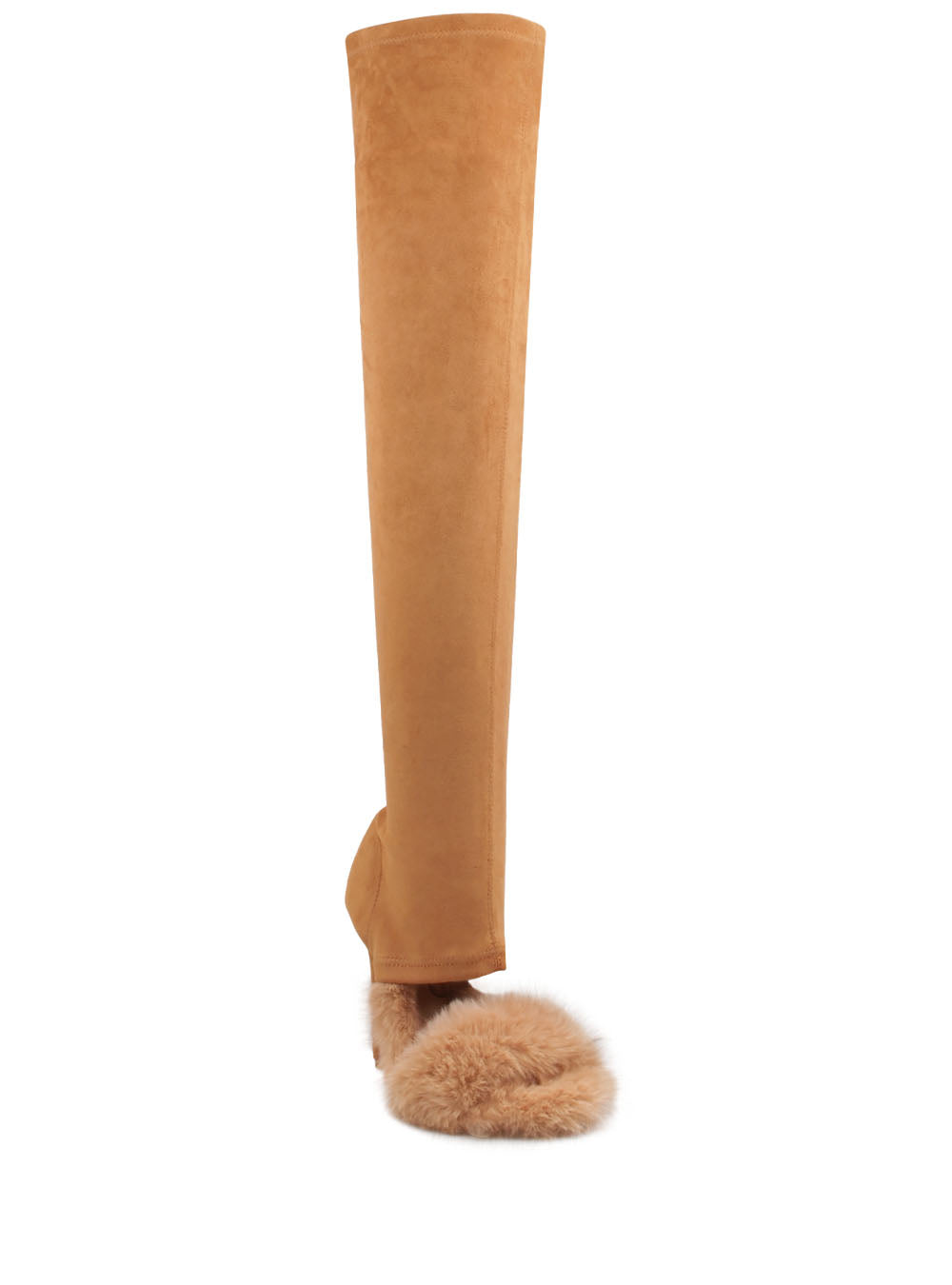 Faux fur thigh high stiletto boots in cognac color - corner view