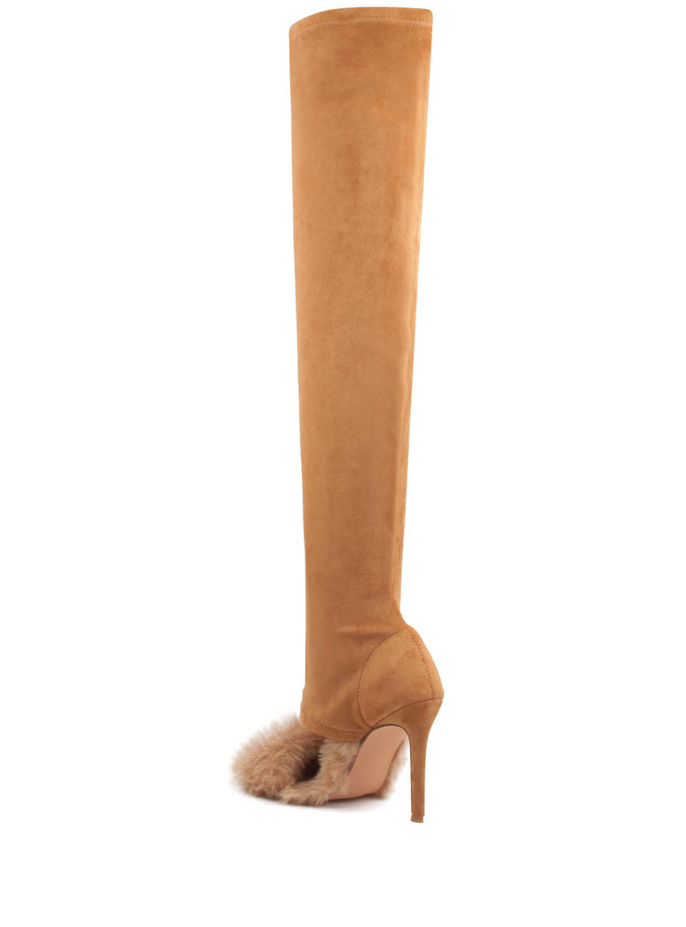 Faux fur thigh high stiletto boots in cognac color - back view