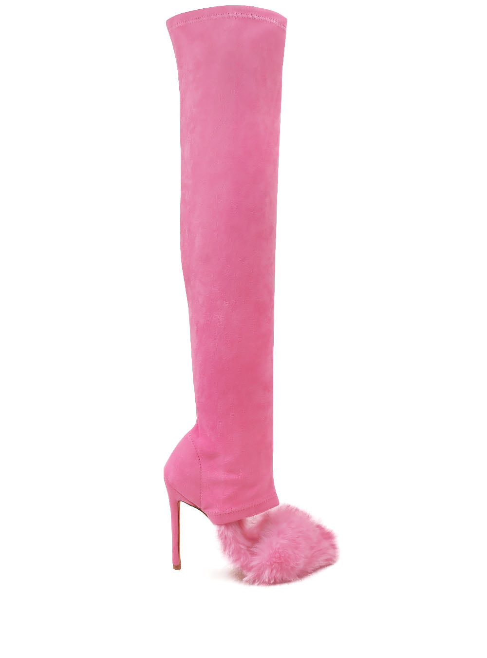 Faux fur thigh high stiletto boots in pink color - side view