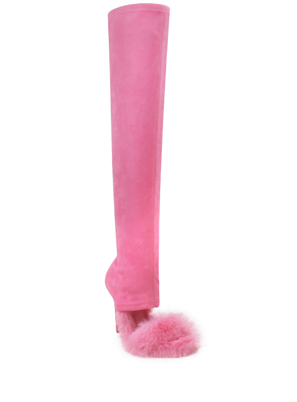 Faux fur thigh high stiletto boots in pink color - corner view