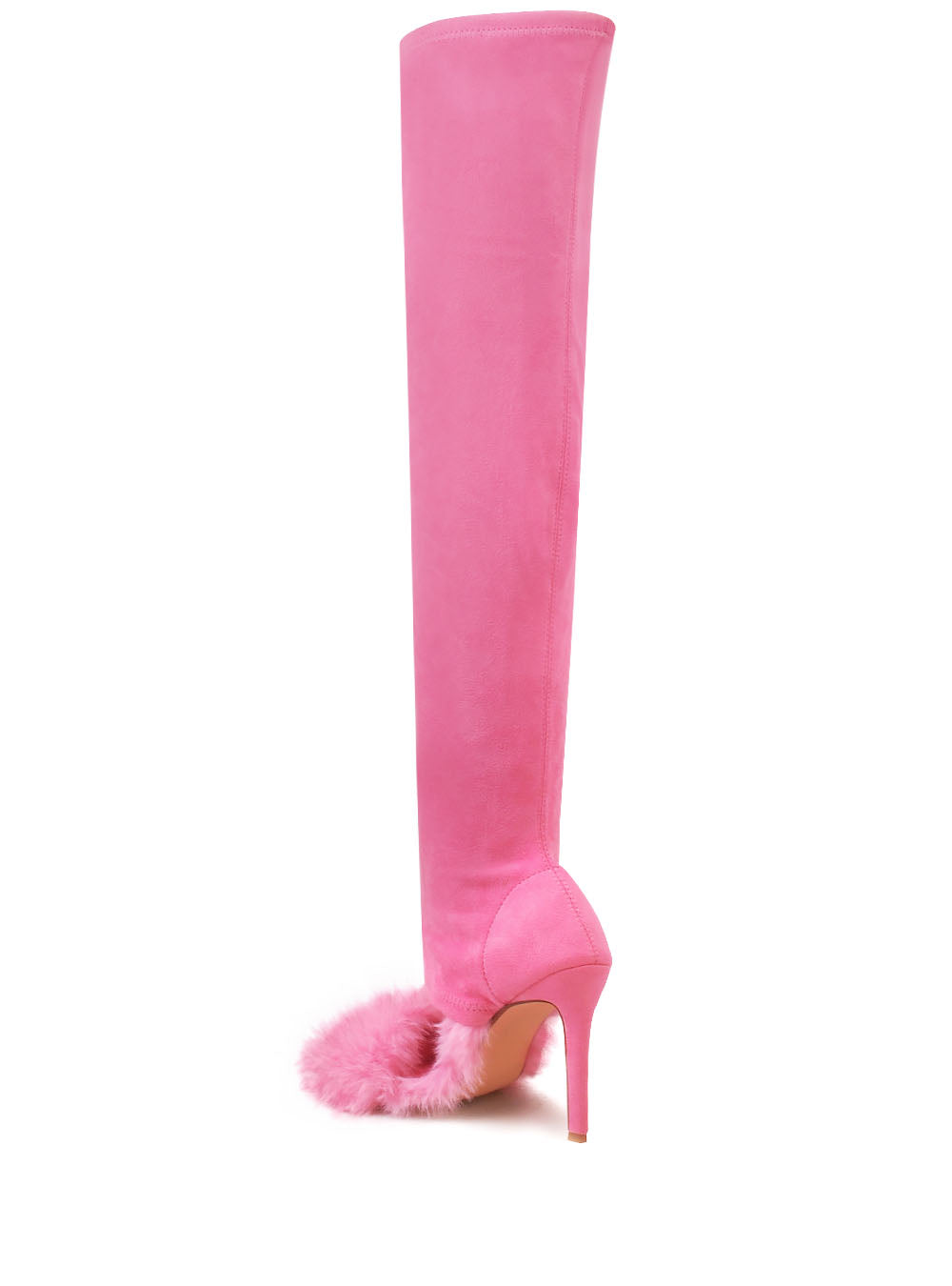 Faux fur thigh high stiletto boots in pink color - back view