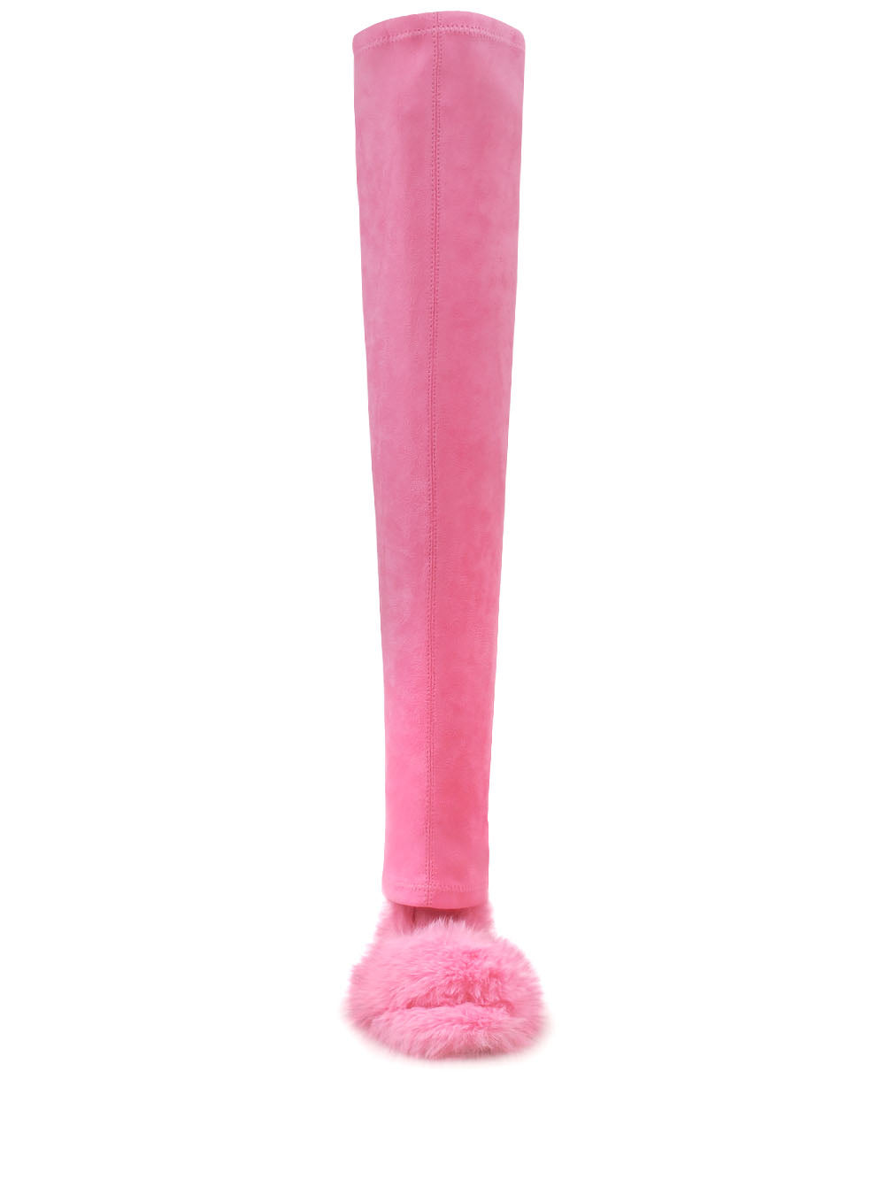 Faux fur thigh high stiletto boots in pink color - front view