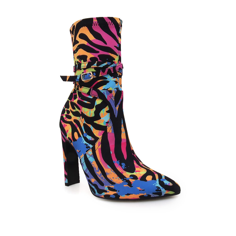 Black ankle-high boot heels with pointed toe and multi-colored leopard print upper - corner view 