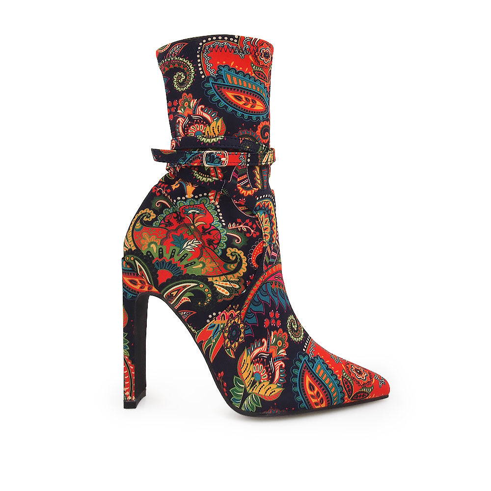 Black ankle high boot heels with pointed toe and multi-colored paisley design upper - side view