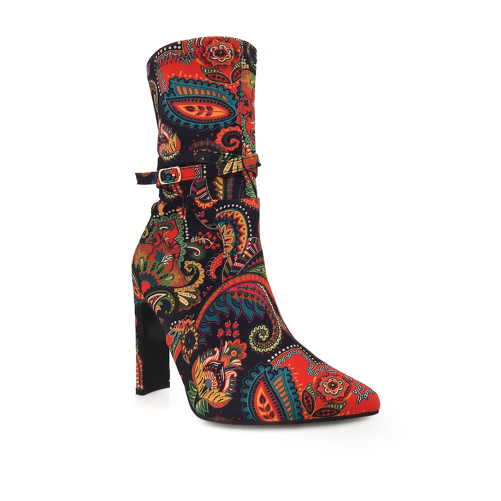 Black ankle high boot heels with pointed toe and multi-colored paisley design upper - corner view