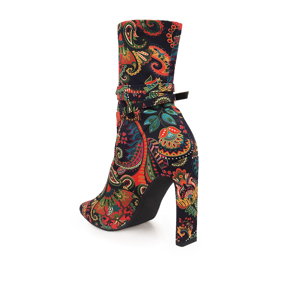 Black ankle high boot heels with pointed toe and multi-colored paisley design upper - back view