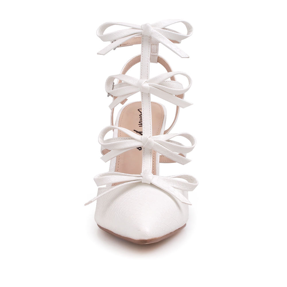 White stiletto sandals with bow design and double ankle strap - front view