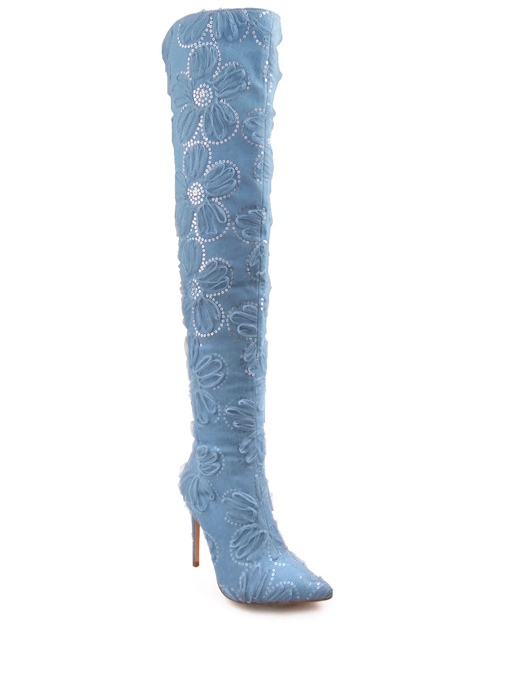 Light denim thigh high stiletto boots with lace floral  pattern upper - corner view