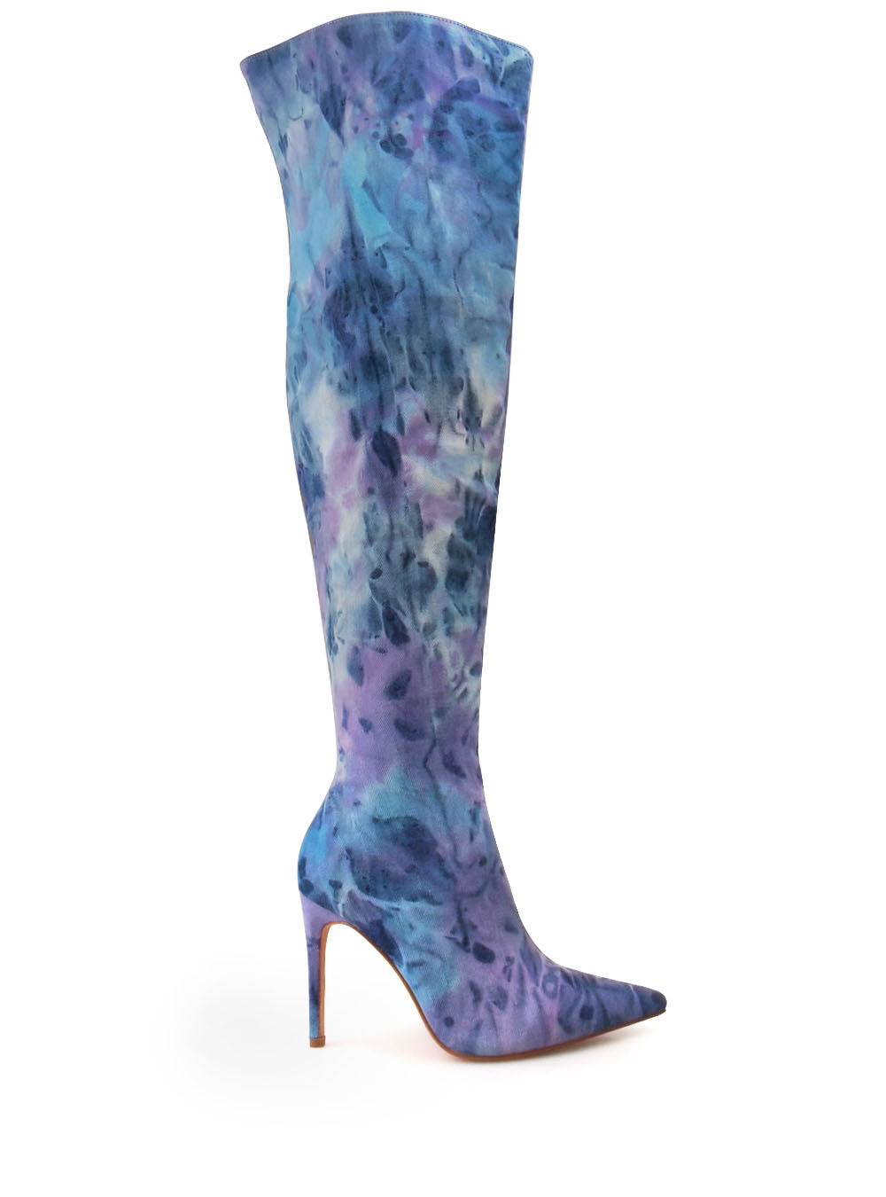 Lilac denim thigh high stiletto boots with paint splatter pattern upper - side view