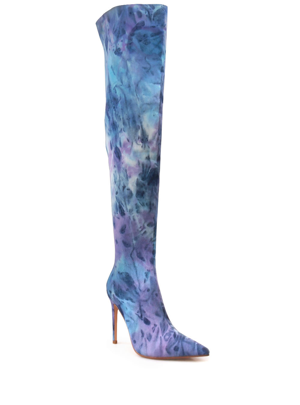 Lilac denim thigh high stiletto boots with paint splatter pattern upper - corner view