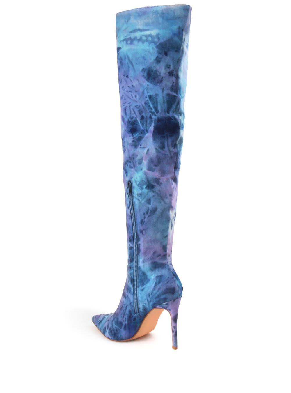 Lilac denim thigh high stiletto boots with paint splatter pattern upper - back view