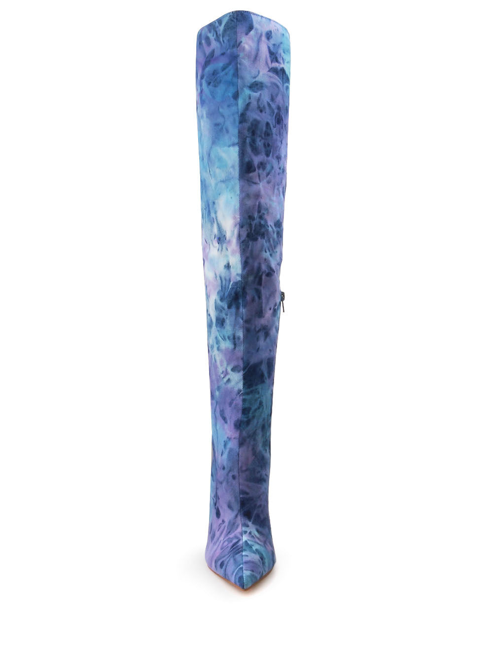 Lilac denim thigh high stiletto boots with paint splatter pattern upper - front view