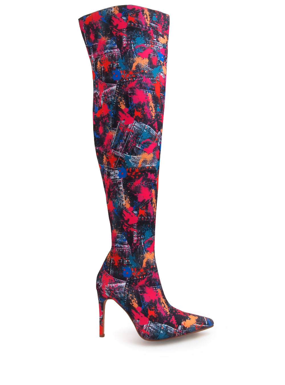 Multi- colored denim thigh high stiletto boots with jeans and paint splatter pattern upper - side view