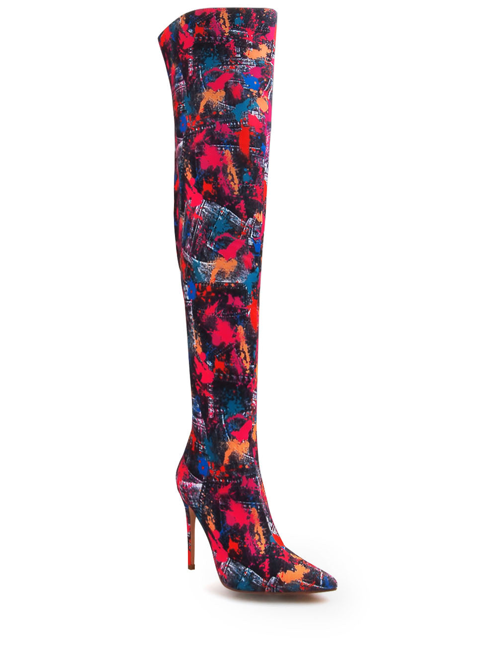 Multi- colored denim thigh high stiletto boots with jeans and paint splatter pattern upper - corner view