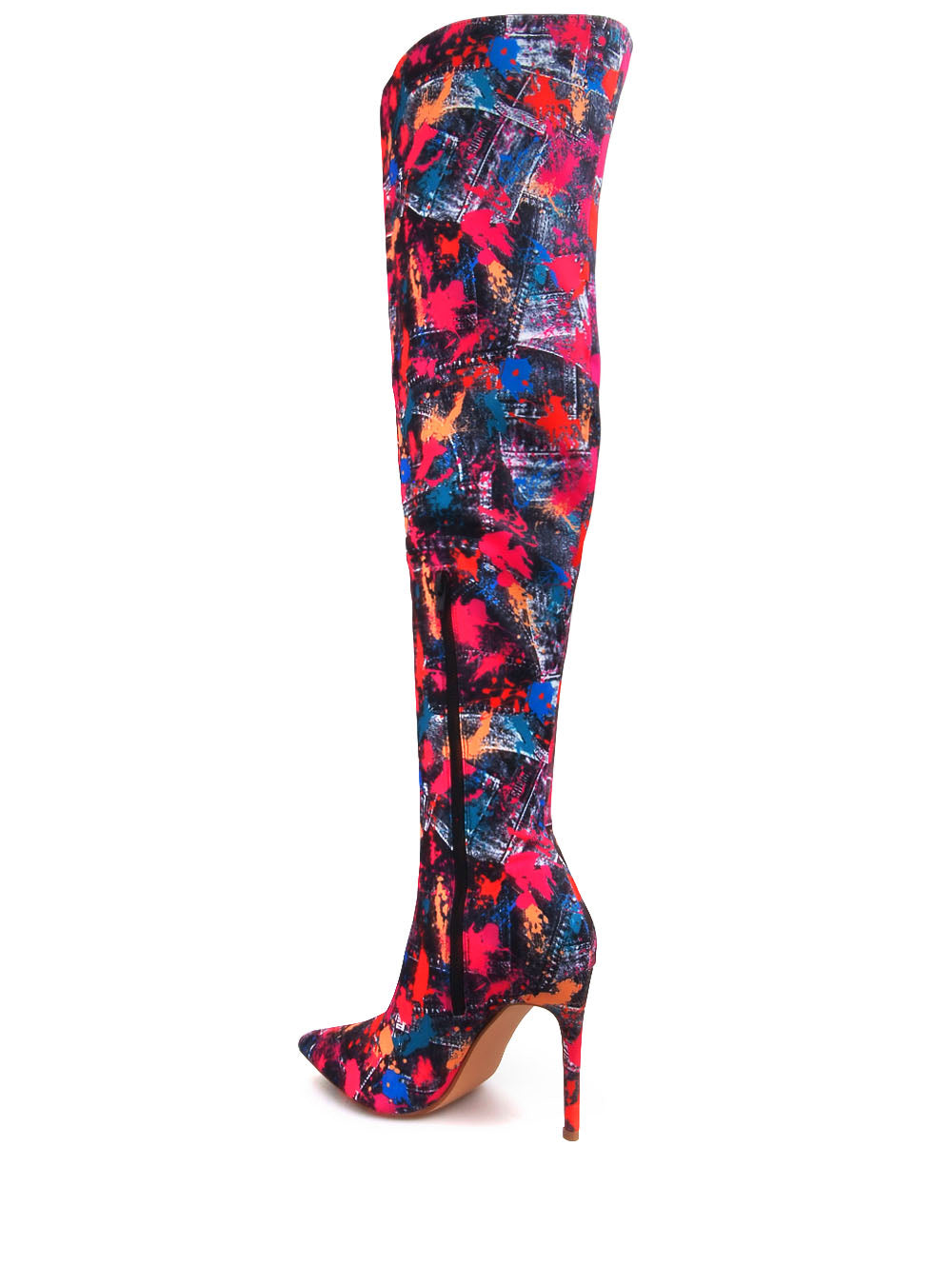 Multi- colored denim thigh high stiletto boots with jeans and paint splatter pattern upper - back view