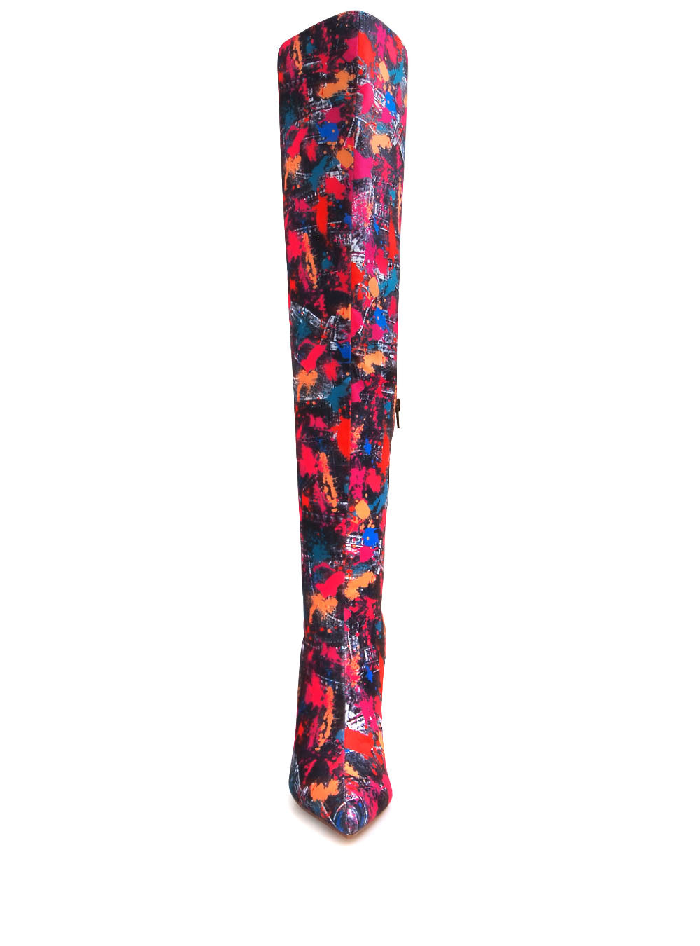 Multi- colored denim thigh high stiletto boots with jeans and paint splatter pattern upper - front view