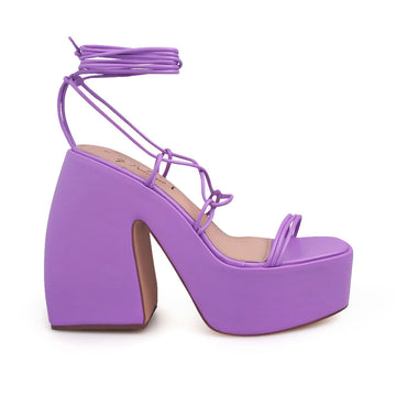 Purple colored strappy platform heeled sandals - side view