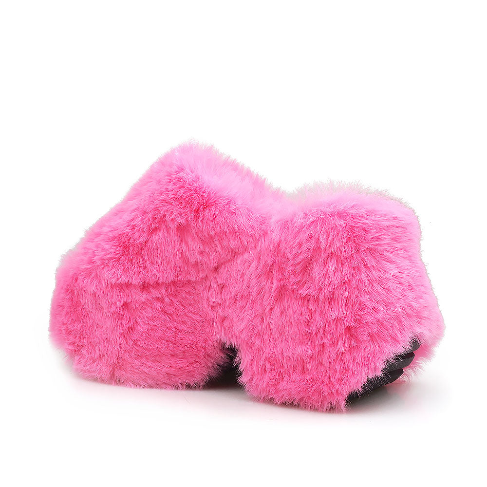 Pink furry platform sandals with open toe - back view