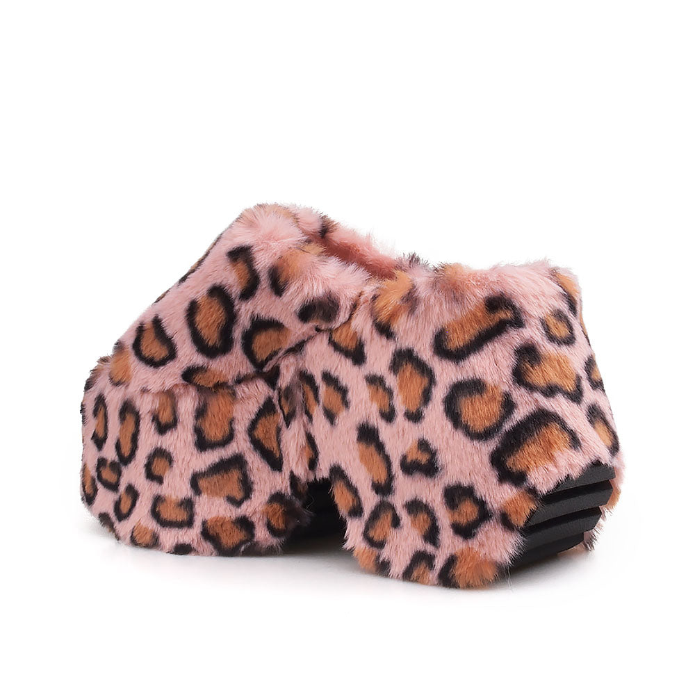 Pink furry platform sandals with leopard pattern - back view