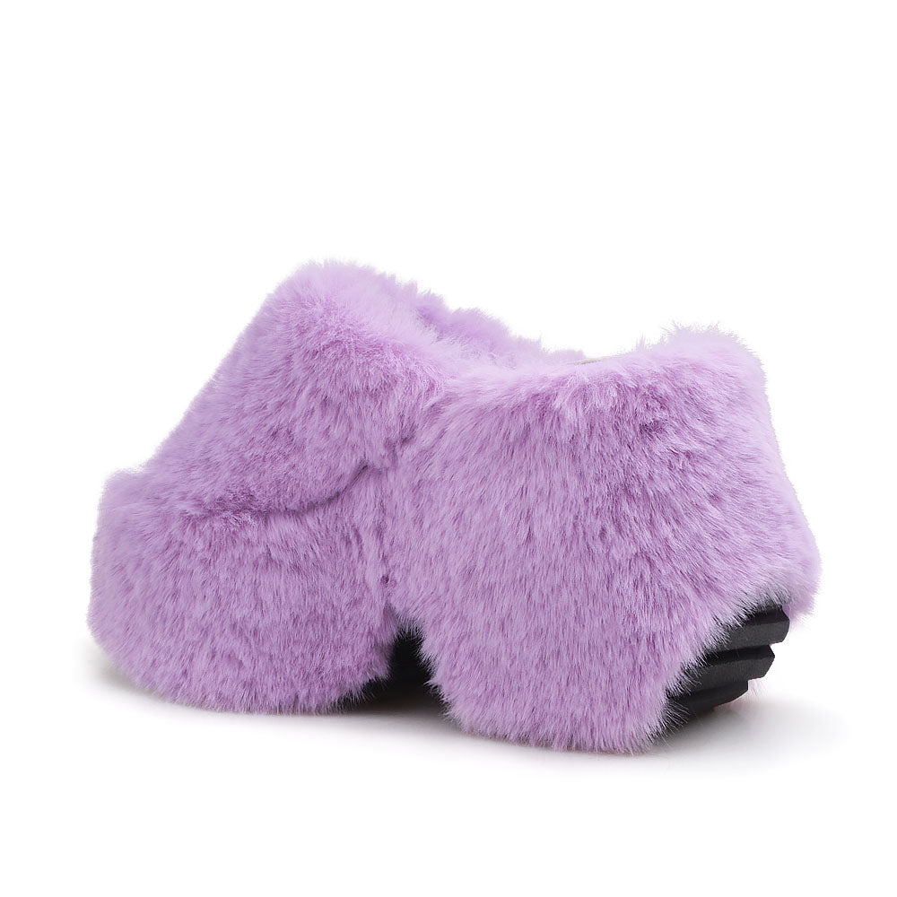 Purple furry open-toe platform sandals - back view