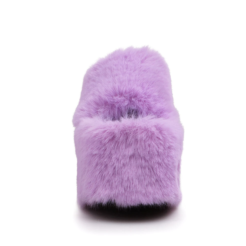 Purple furry open-toe platform sandals - front view