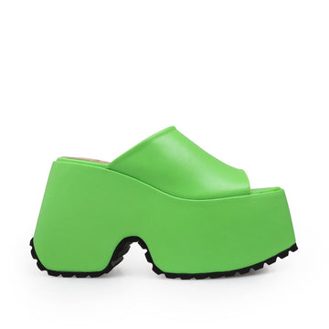 Lime colored platforms with open toe and slip-on design - side view